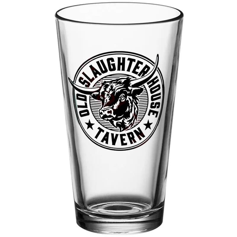 Old Slaughter House Tavern pint glass with bull logo