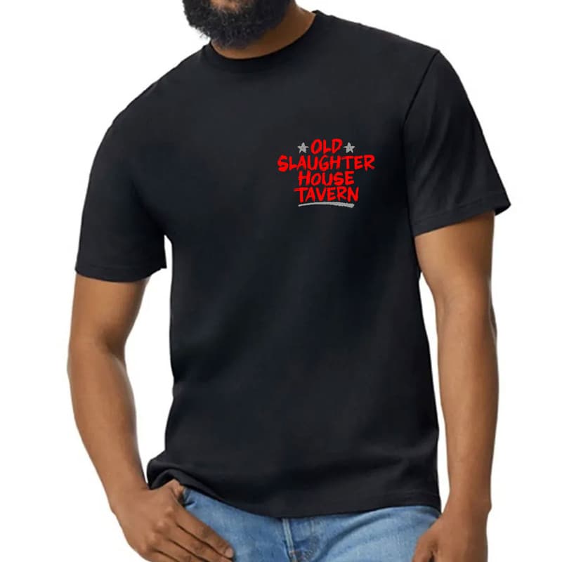 Black Old Slaughter House Tavern t-shirt with longhorn back graphic