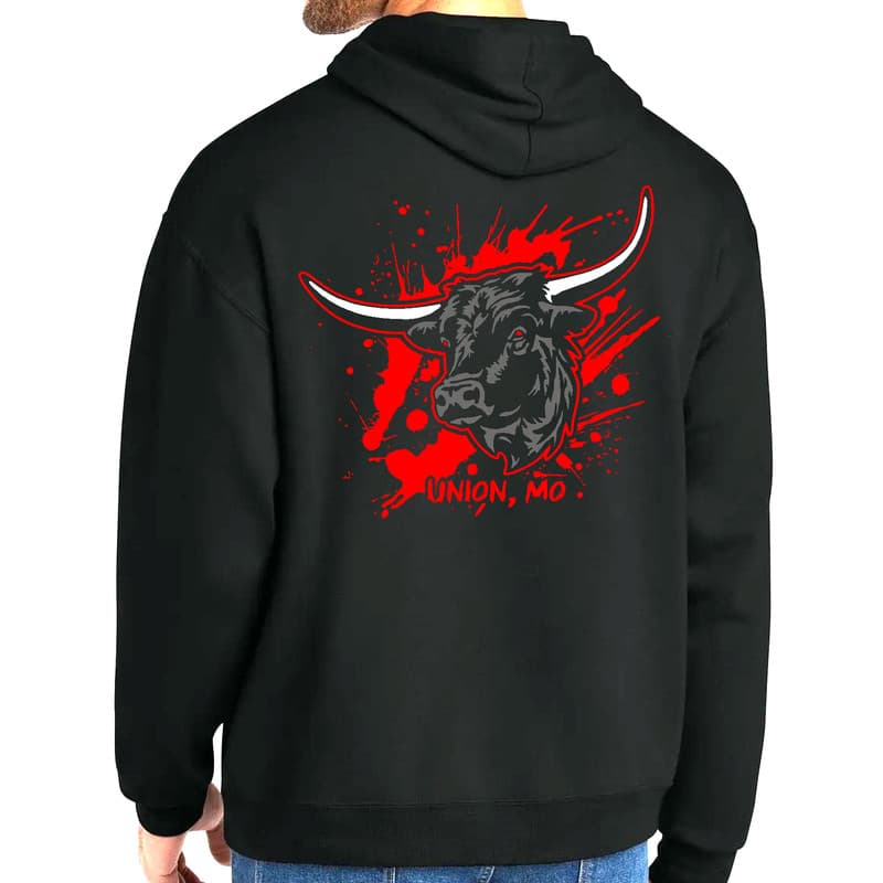 Black Old Slaughter House Tavern hoodie with longhorn back graphic