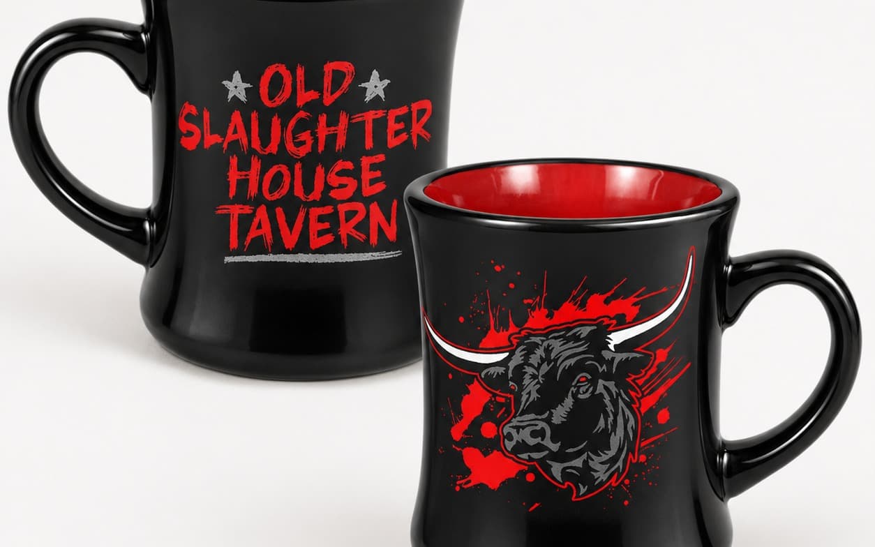 mug with slaughter house logos