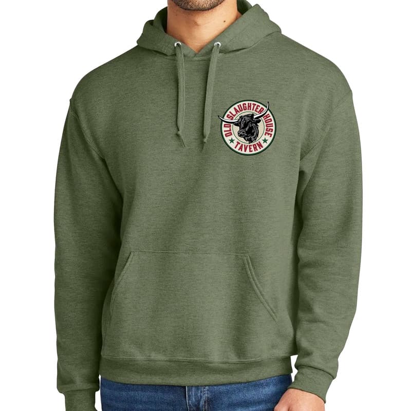 Green Farm Country Meats & Market hoodie with Old Slaughter House Tavern branding