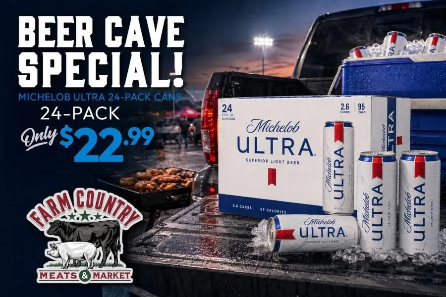 Michelob Ultra 24-pack cans, $22.99 through September 12 in the Ice House at Farm Country in Union.
