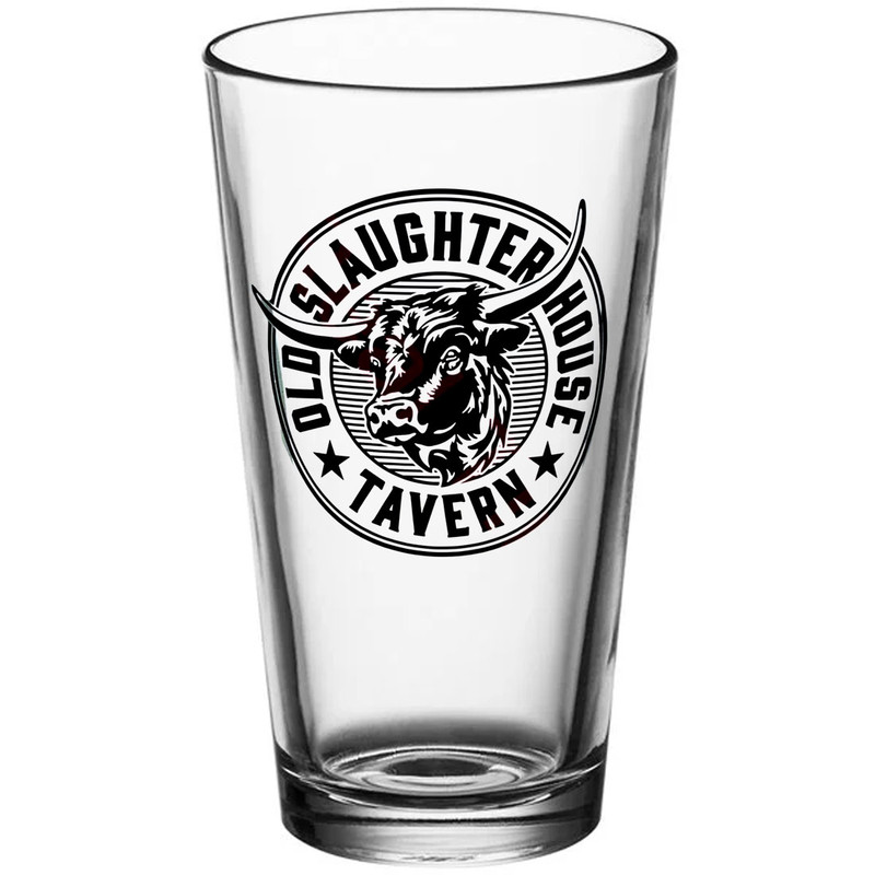 Old Slaughter House Tavern pint glass with bull logo